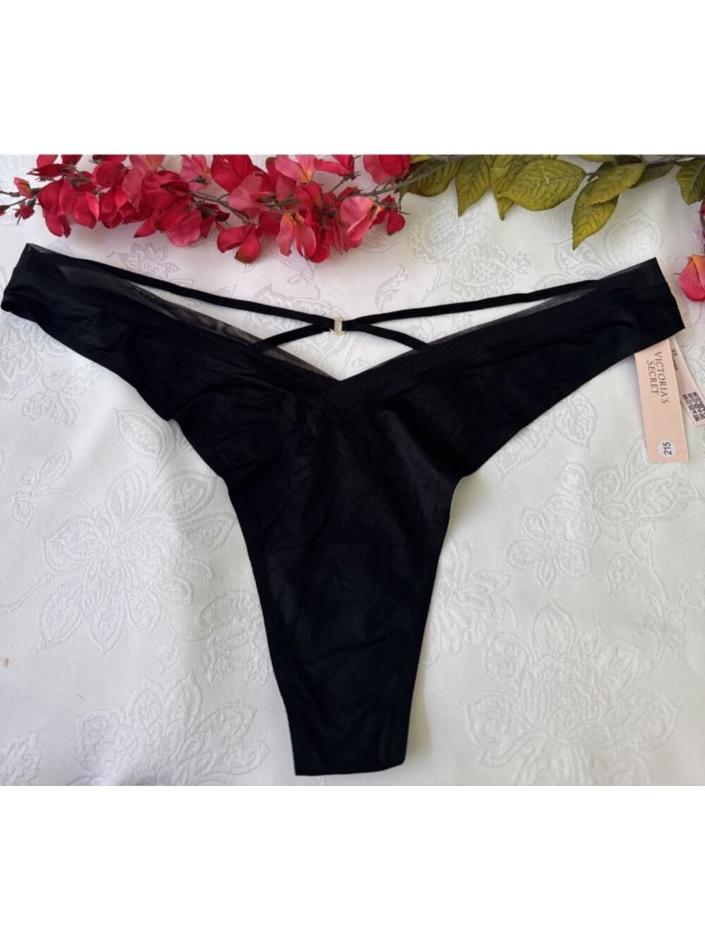 VICTORIA'S SECRET L BLACK SILKY STRAPPY CHARM TANGA THONG PANTIES VERY SEXY NWT